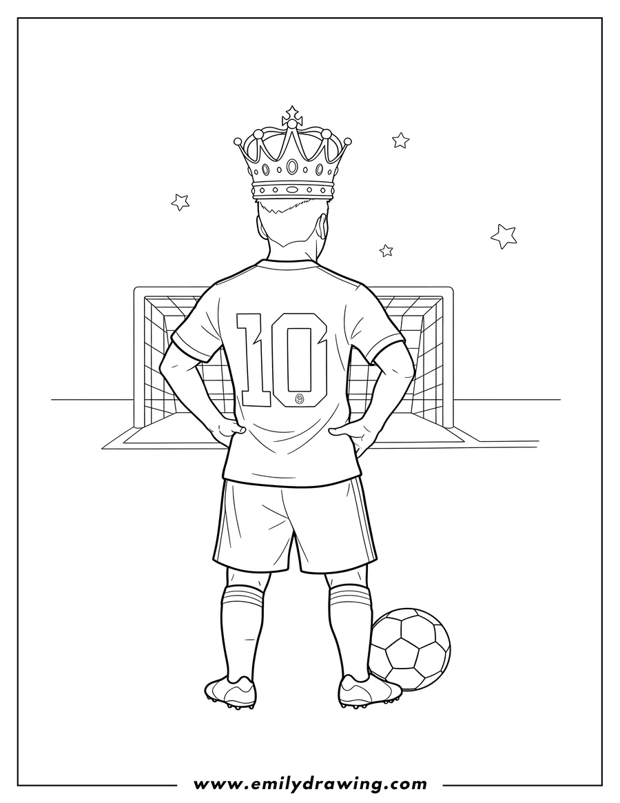 Black and white line art of A coloring page of Lionel Messi with a crown, wearing a number 10 jersey, standing with his back to the viewer, with a soccer ball at his foot
