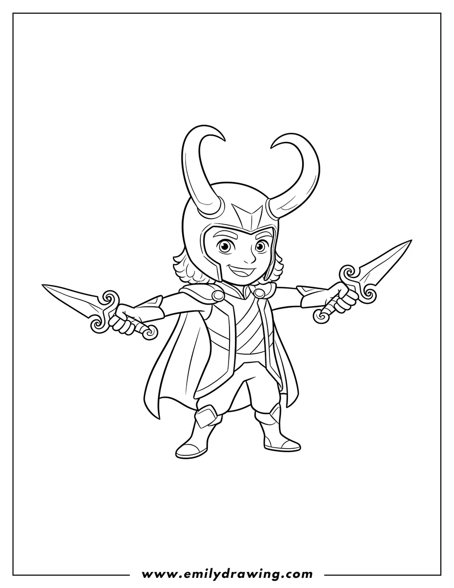 Vector style outline of loki wearing horned helmet and holding daggers