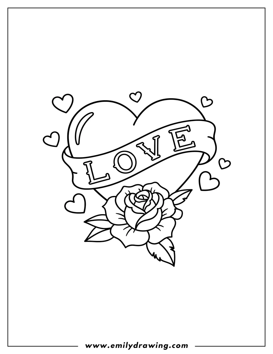 Vector style outline of love Heart Tattoo with a banner spelling LOVE and a rose, accented with small hearts