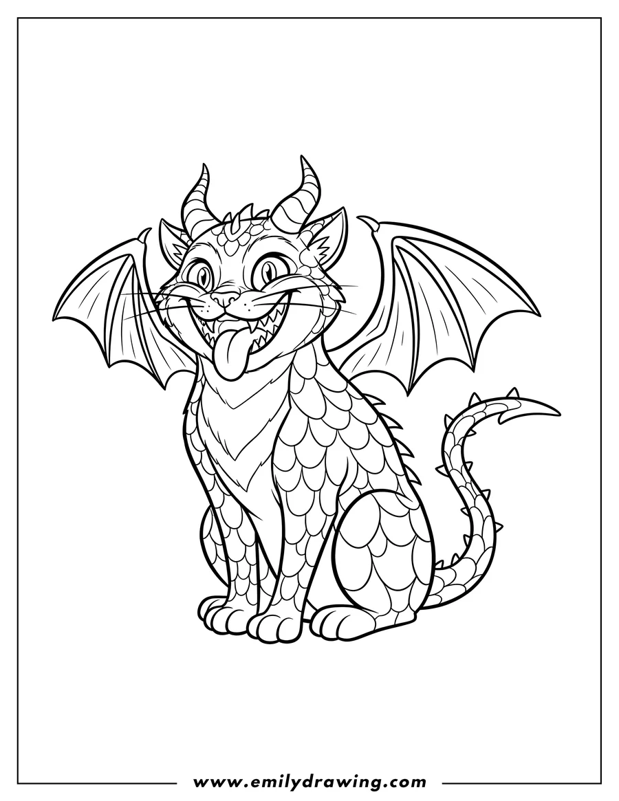 Doodle style coloring picture of lucifer Cat Scaled, grinning widely with tongue sticking out