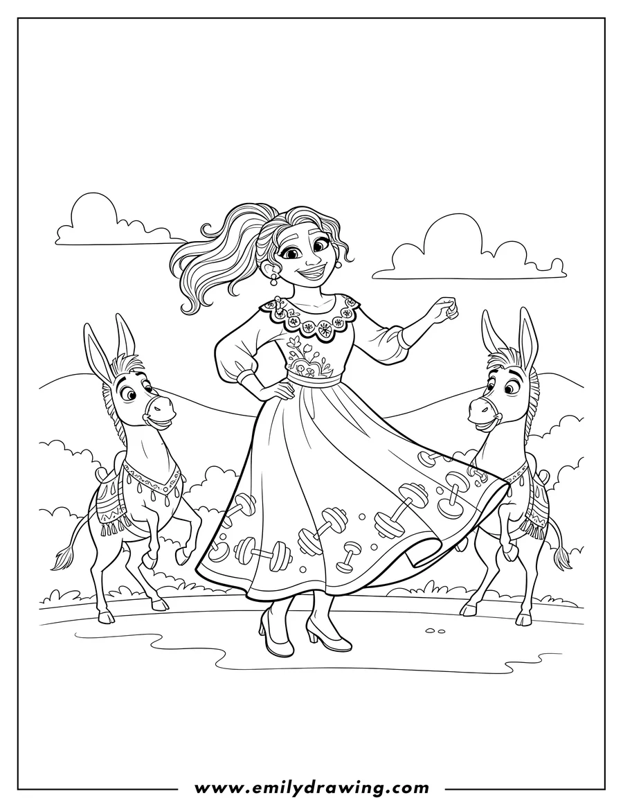 PDF style coloring page: luisa smiling and dancing with two prancing donkeys