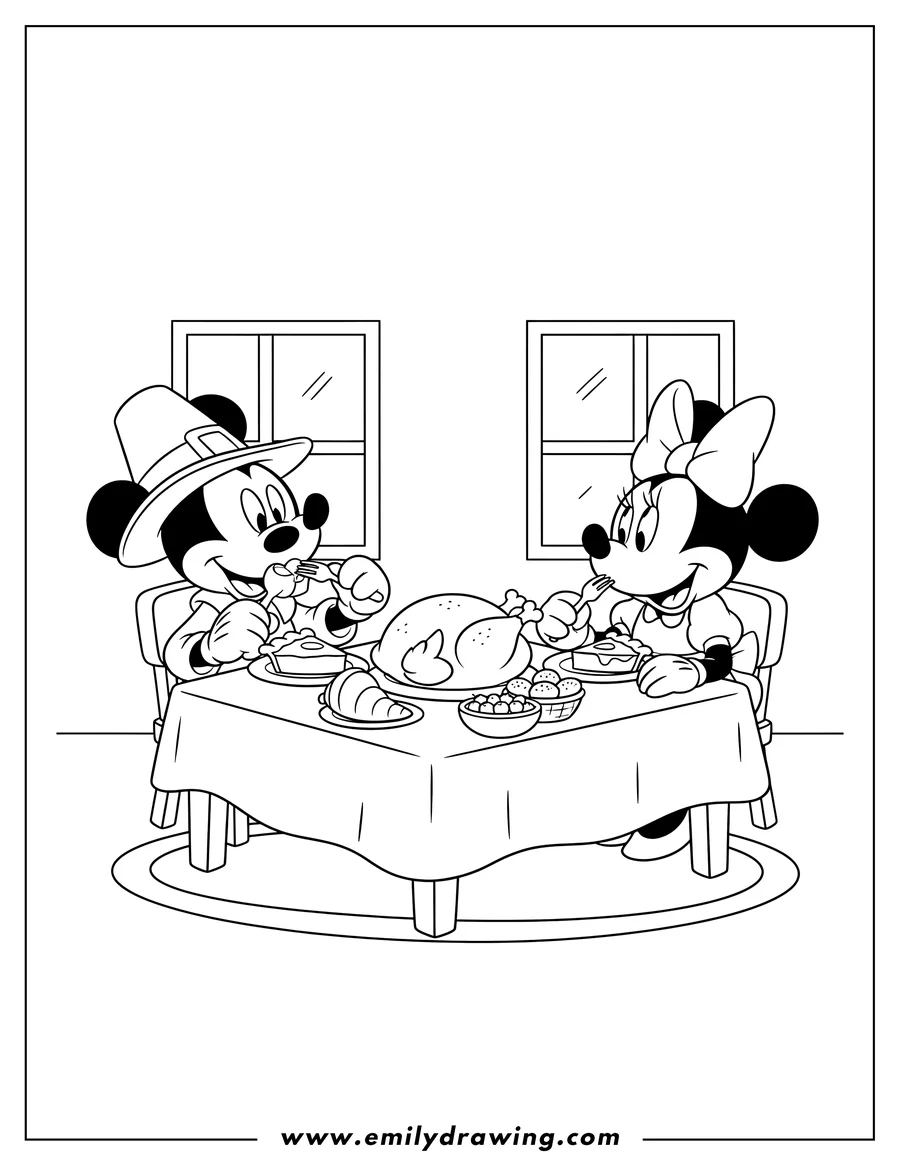 Free to print drawing of adorable Mickey And Minnie Mouse eating pie at a Thanksgiving dinner table Preschoolers