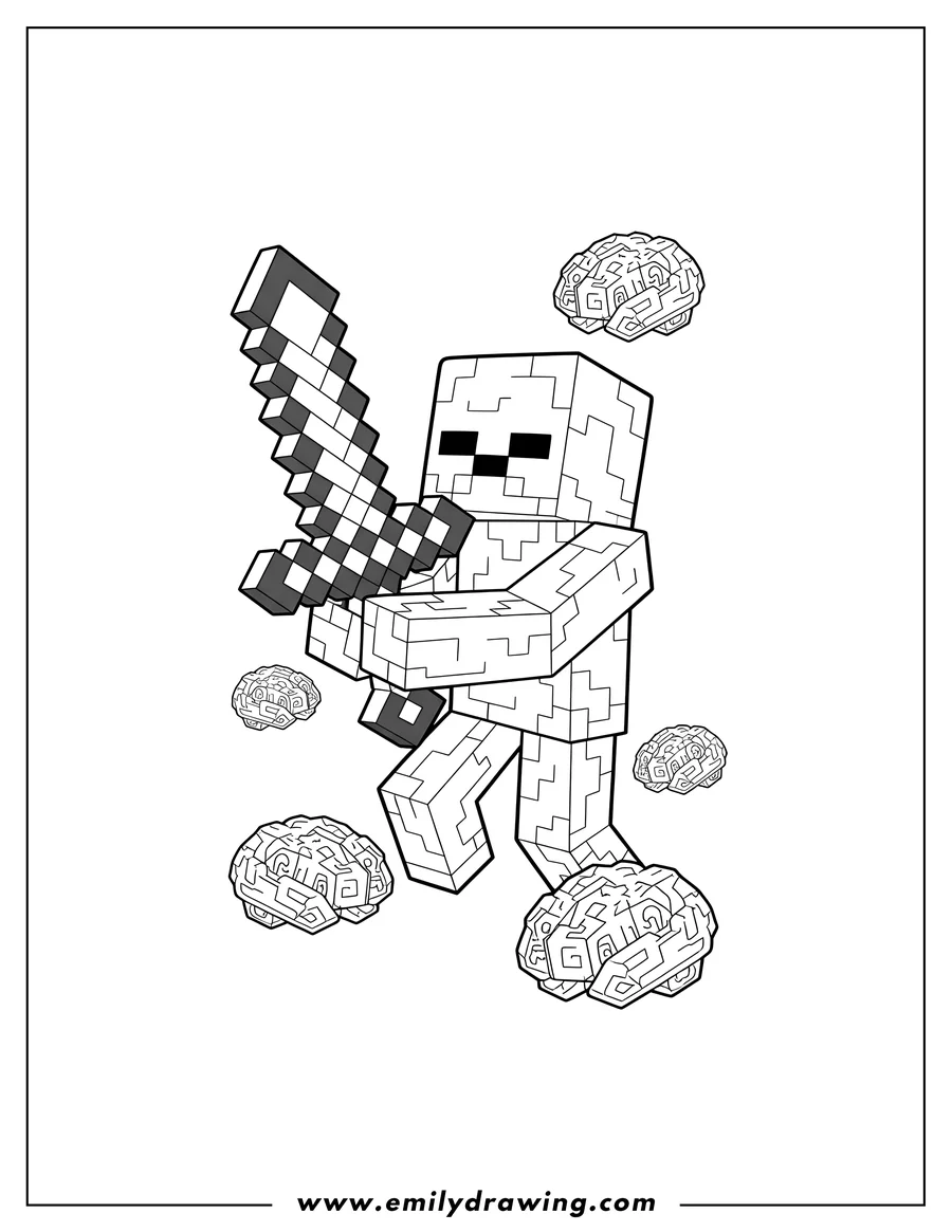 Coloring page for kids: minecraft Zombie holding a sword, with brains