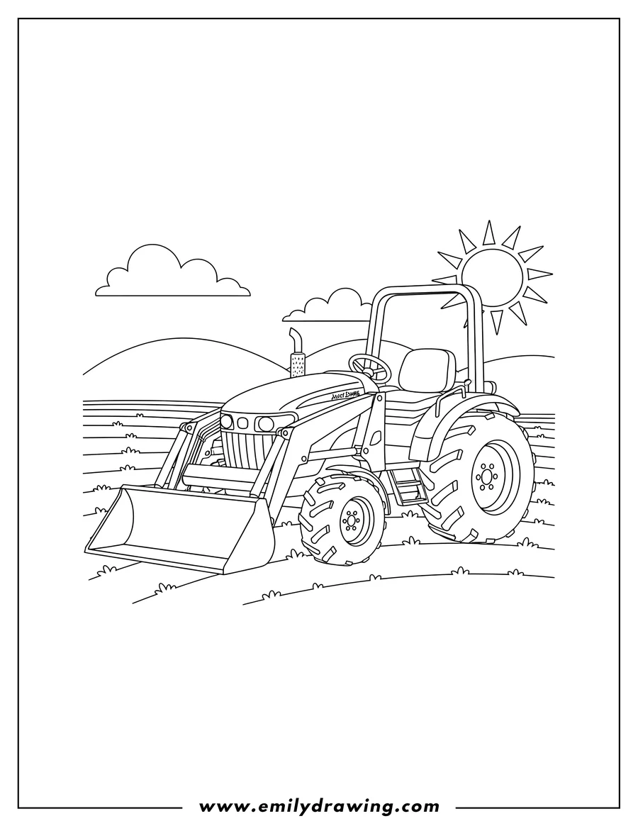 Downloadable coloring page of mini Compact John Deere Tractor outline in a field