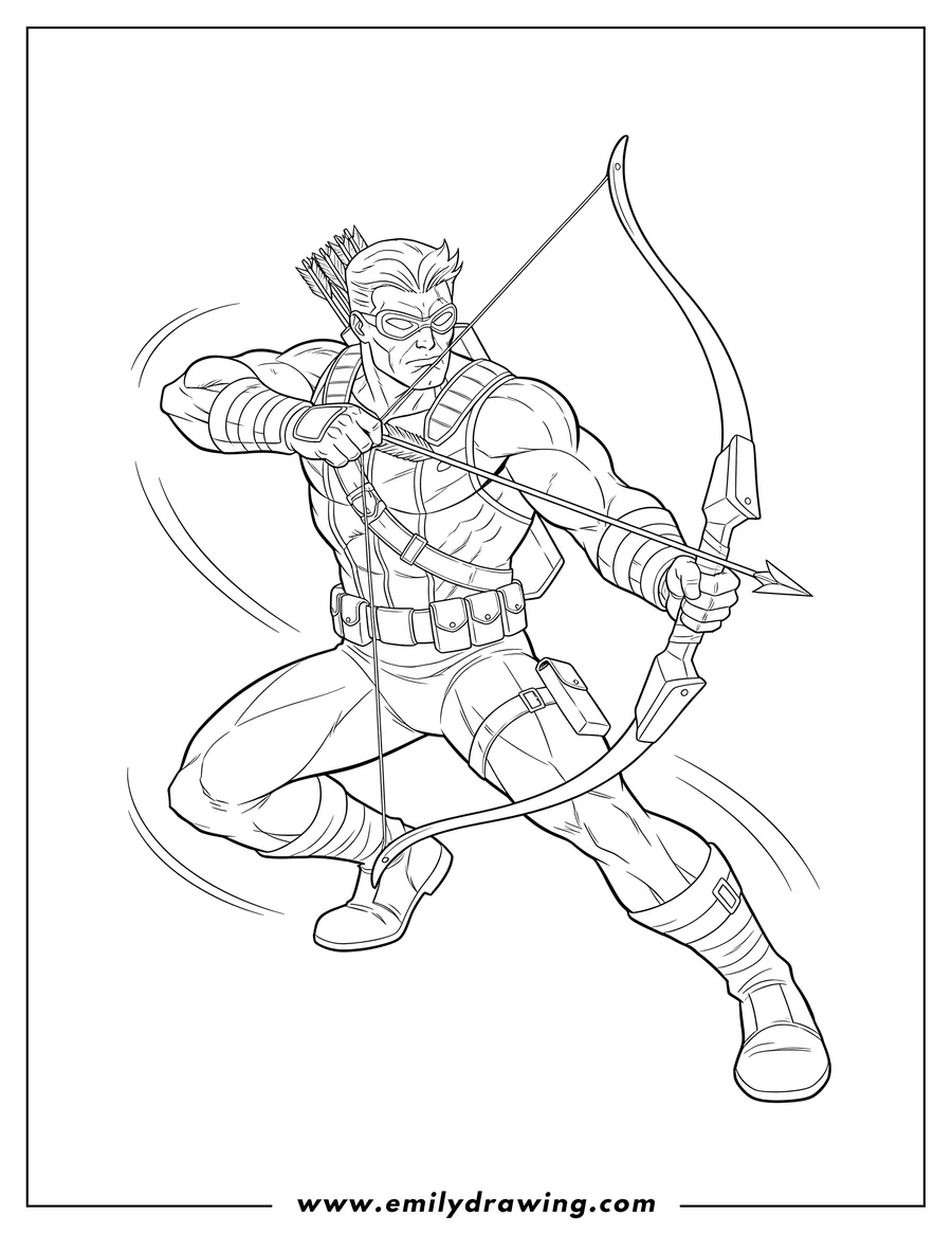 Vector style outline of muscular, goggled Hawkeye lunging forward, loading bow with arrow