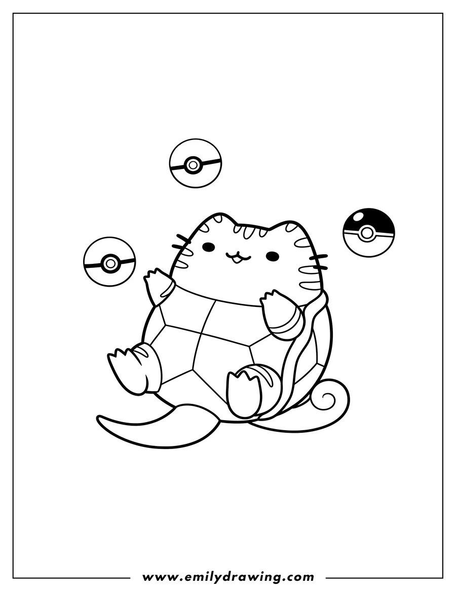 Simple sketch of pusheen Squirtle Pokemon resting with floating Pokeballs To Color Scaled to color