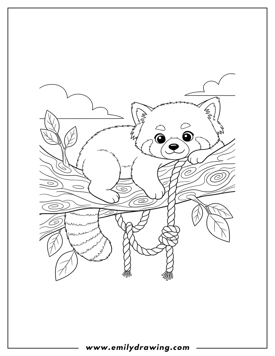 Vector style outline of red Panda draped over a tree branch with a rope To Color