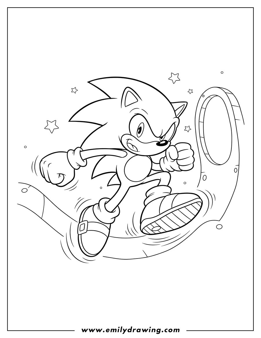 Doodle style coloring picture of 2D Retro Sonic jumping with arm extended