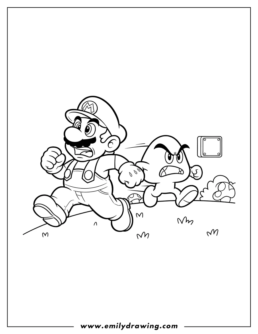 Outline drawing of scared Mario running away, looking back, as an angry Goomba chases him