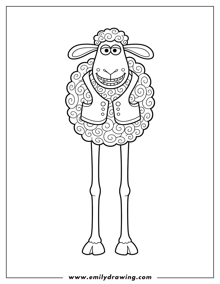 Vector style outline of shaun Sheep Scaled, with long legs and a big smile