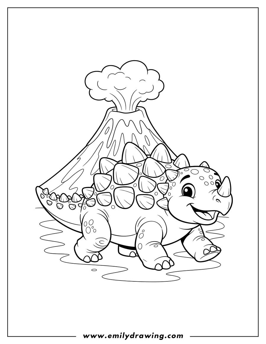 Free printable coloring sheet of smiling armored Ankylosaurus walking in front of a volcano