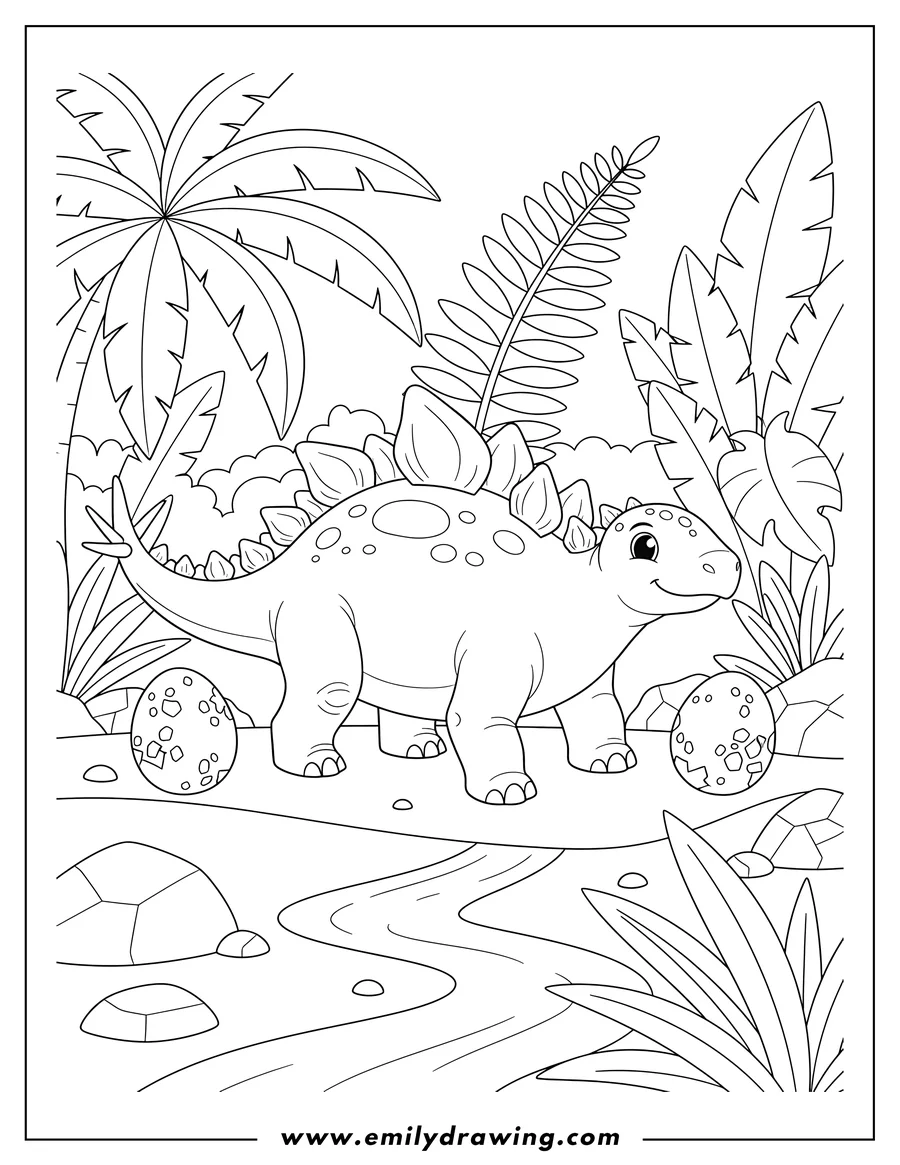 Doodle style coloring picture of A Stegosaurus and two large dinosaur eggs in a jungle
