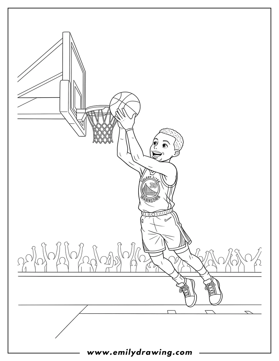 Outline drawing of stephen Curry wearing a Warriors 30 jersey, doing a lay up towards the basket