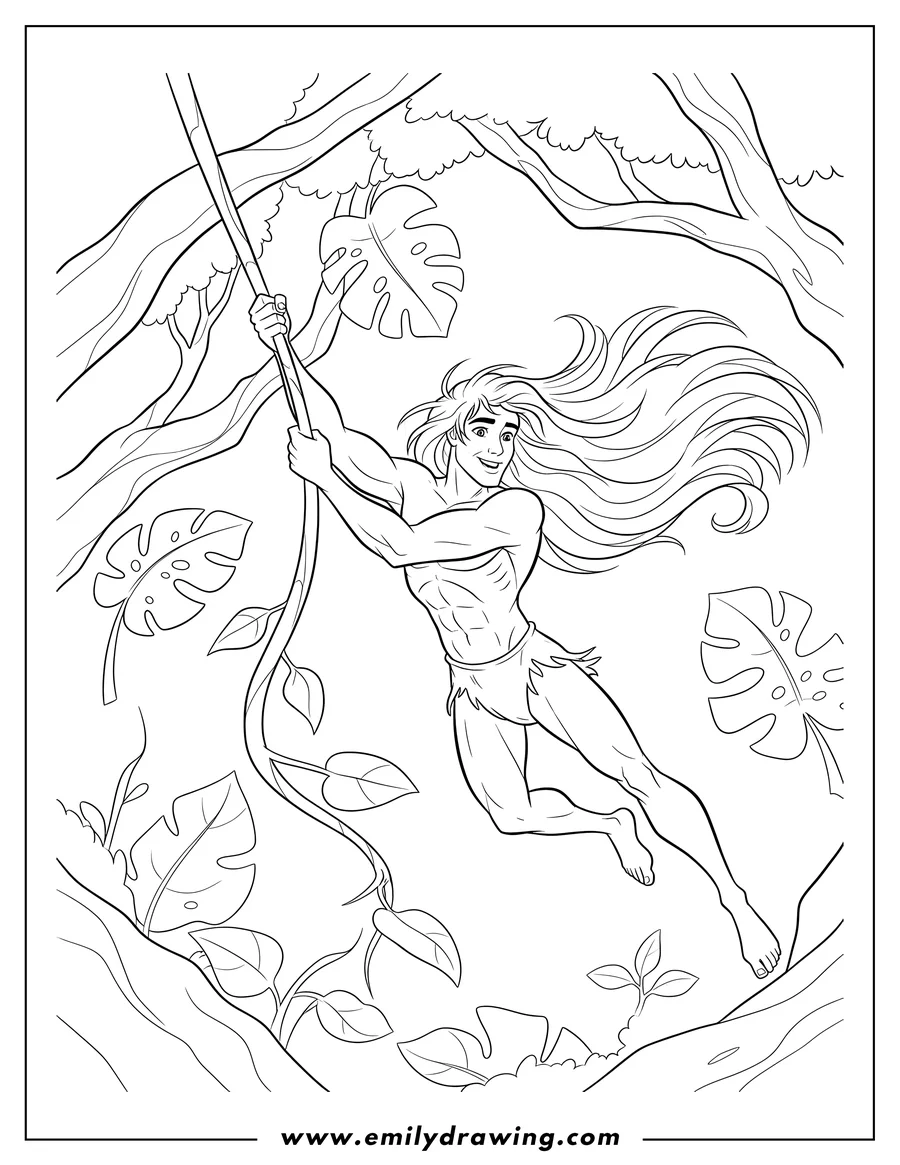 Downloadable coloring page of tarzan swinging with long flowing hair