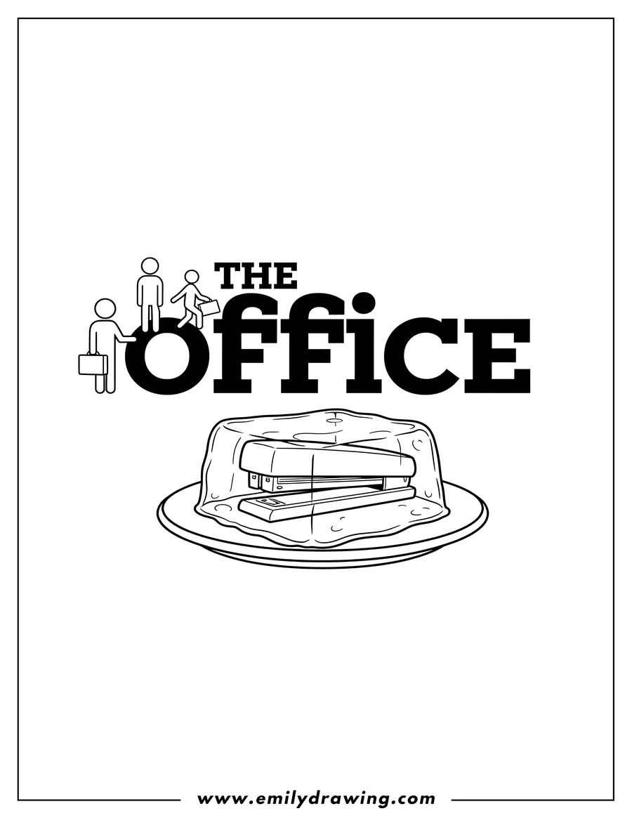 Printable line art of the Office logo featuring text and stick figures, and a stapler in Jell-O on a plate