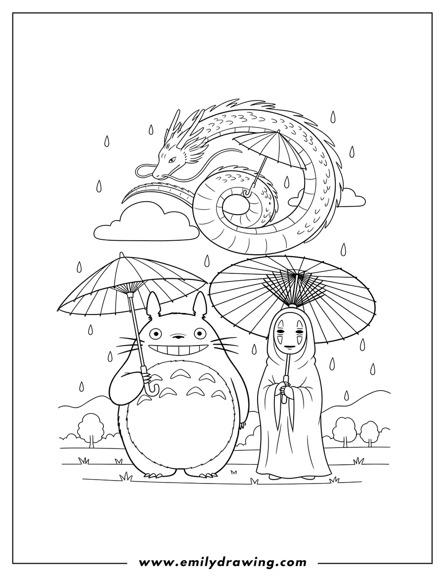 Coloring page of totoro and No Face holding umbrellas, with Haku flying