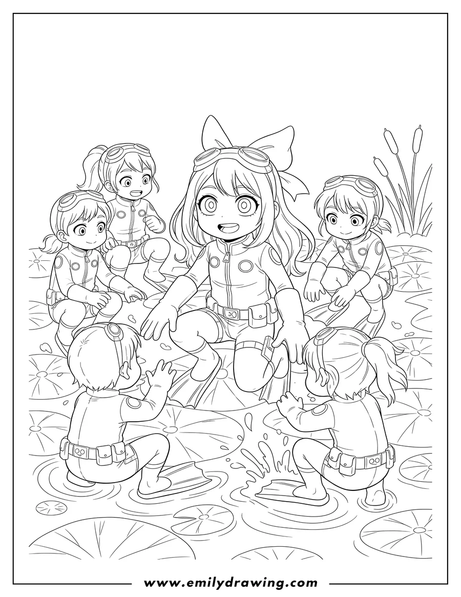 High quality printable tsuyu Asui Preschoolers, crouching in her hero costume, with webbed hands for coloring
