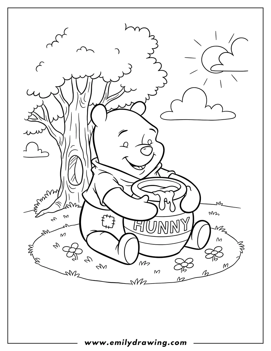 Printable line art of winnie Pooh Disney, sitting and holding a honey pot