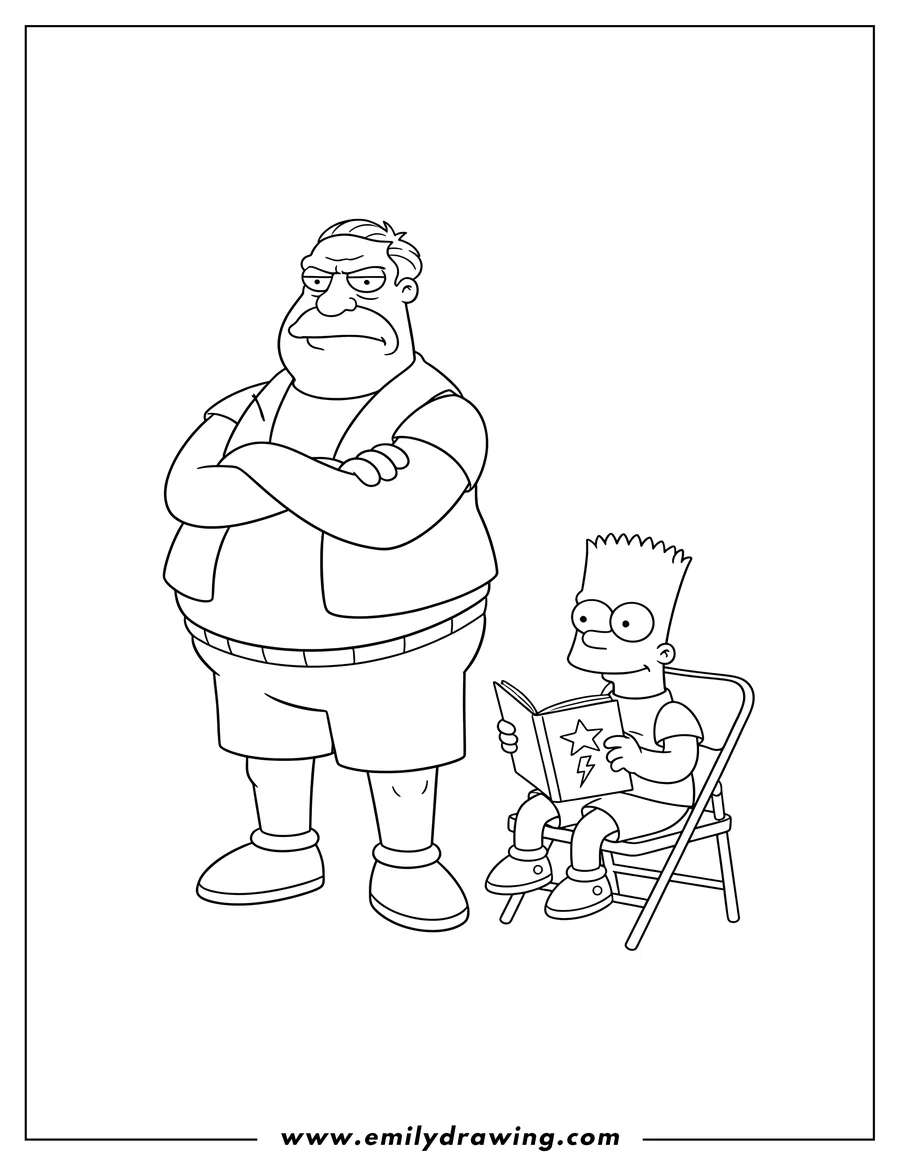 Free to print drawing of comic Book Guy Jeff Albertson frowning at Bart Simpson sitting in a folding chair and reading a comic book