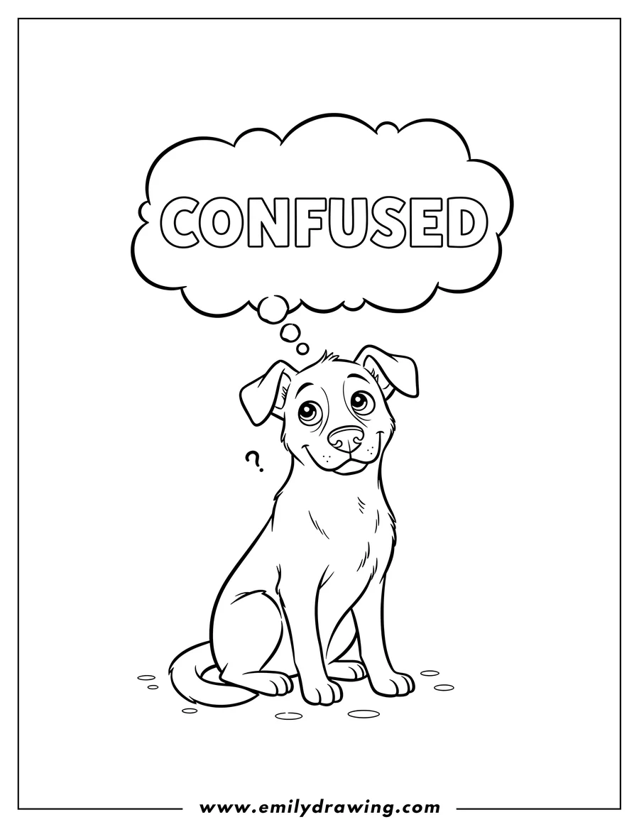 Doodle style coloring picture of simple Confused Dog Emotion, sitting, with a thought bubble above its head saying 'CONFUSED'