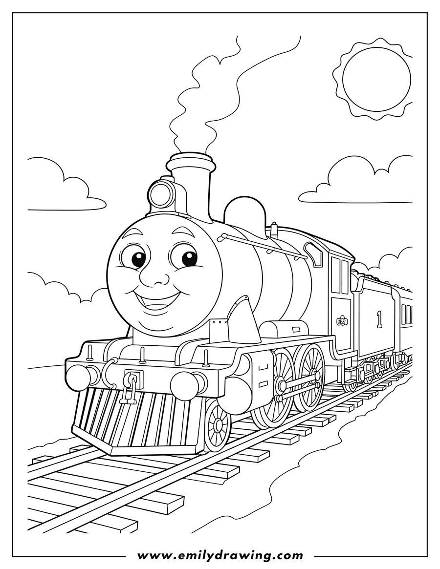 High quality printable connor Train Scaled with a smiling face on tracks for coloring
