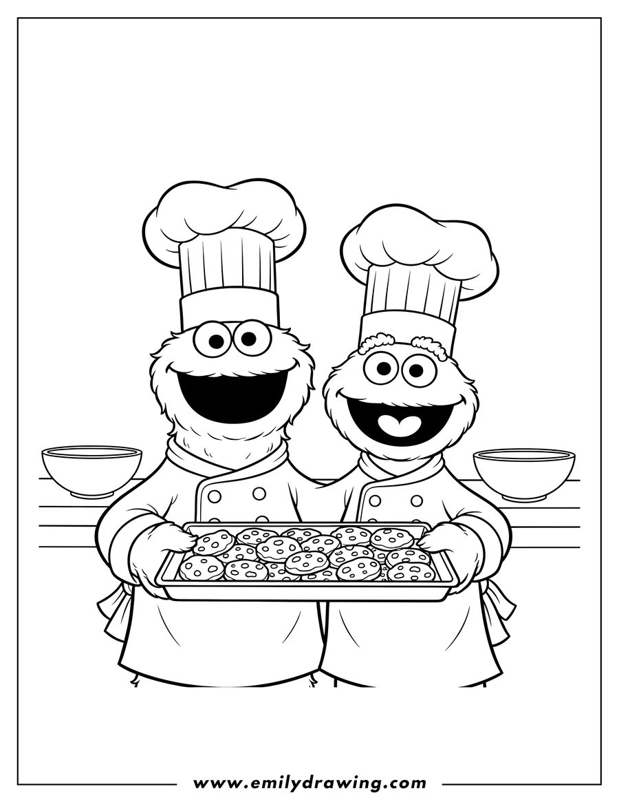 Doodle style coloring picture of cookie Monster and Grover in chef hats smiling and carrying a cookie tray