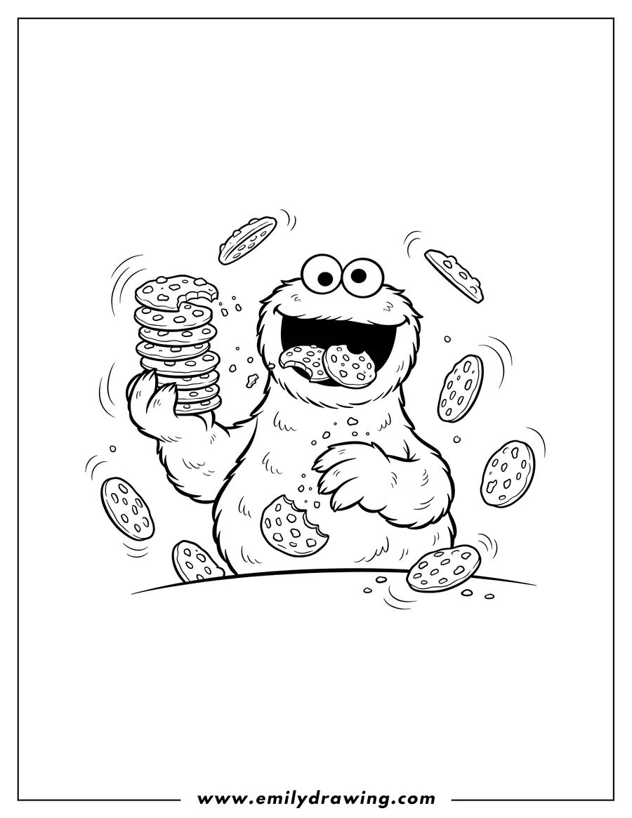 Coloring page for kids: simple Cookie Monster with an open, happy mouth, eating lots of cookies, holding a stack, and with cookies falling