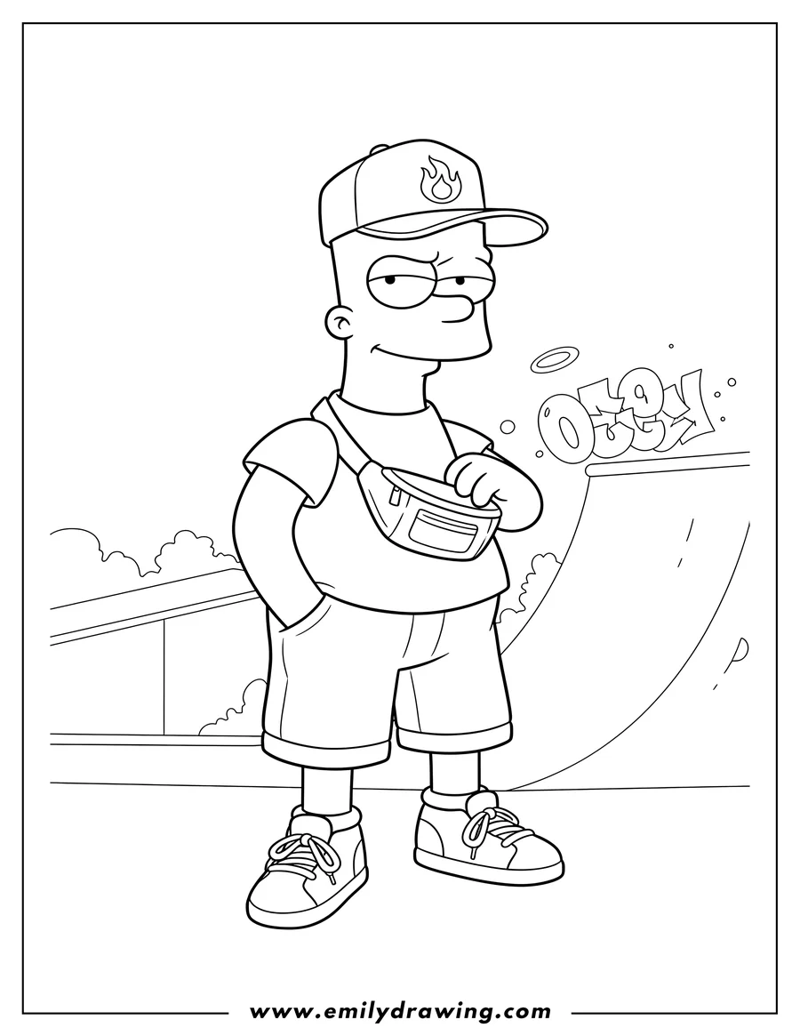 Outline drawing of cool Bart Simpson With Cap, wearing a fanny pack and sneakers