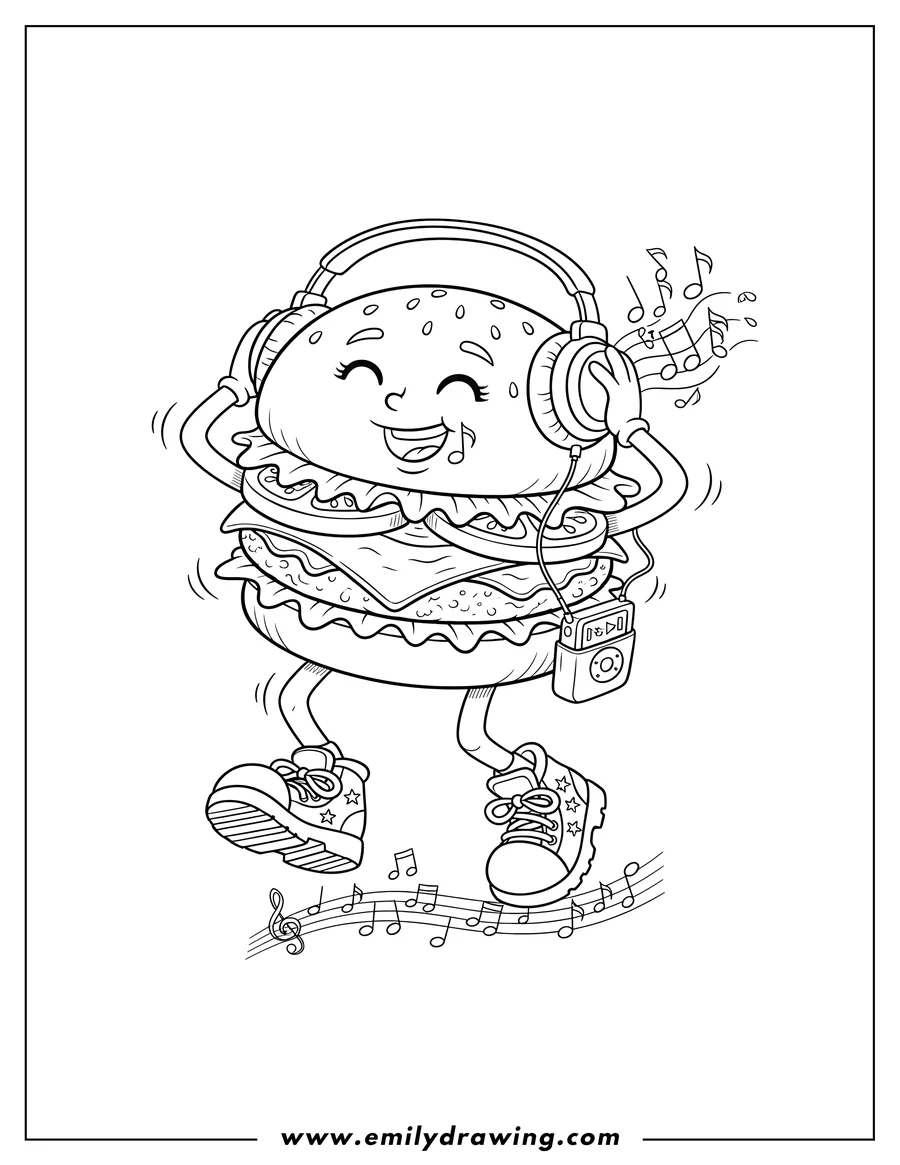 PDF style coloring page: cool Burger Wearing Headphones And Sneakers, grooving to music