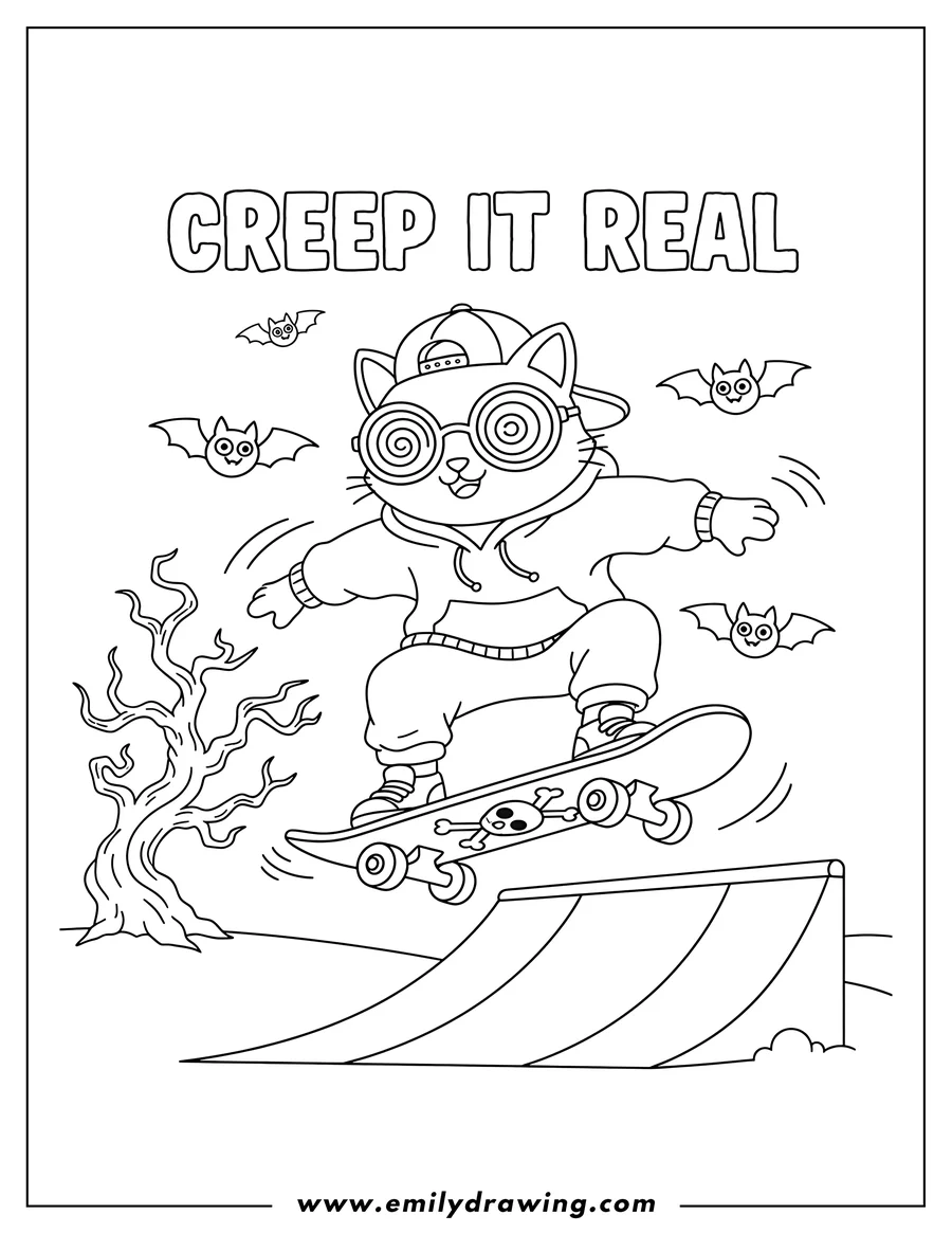 Printable line art of cool Cat On Skateboard With Sunglasses, wearing a backward cap, with bats, and the text 'CREEP IT REAL'