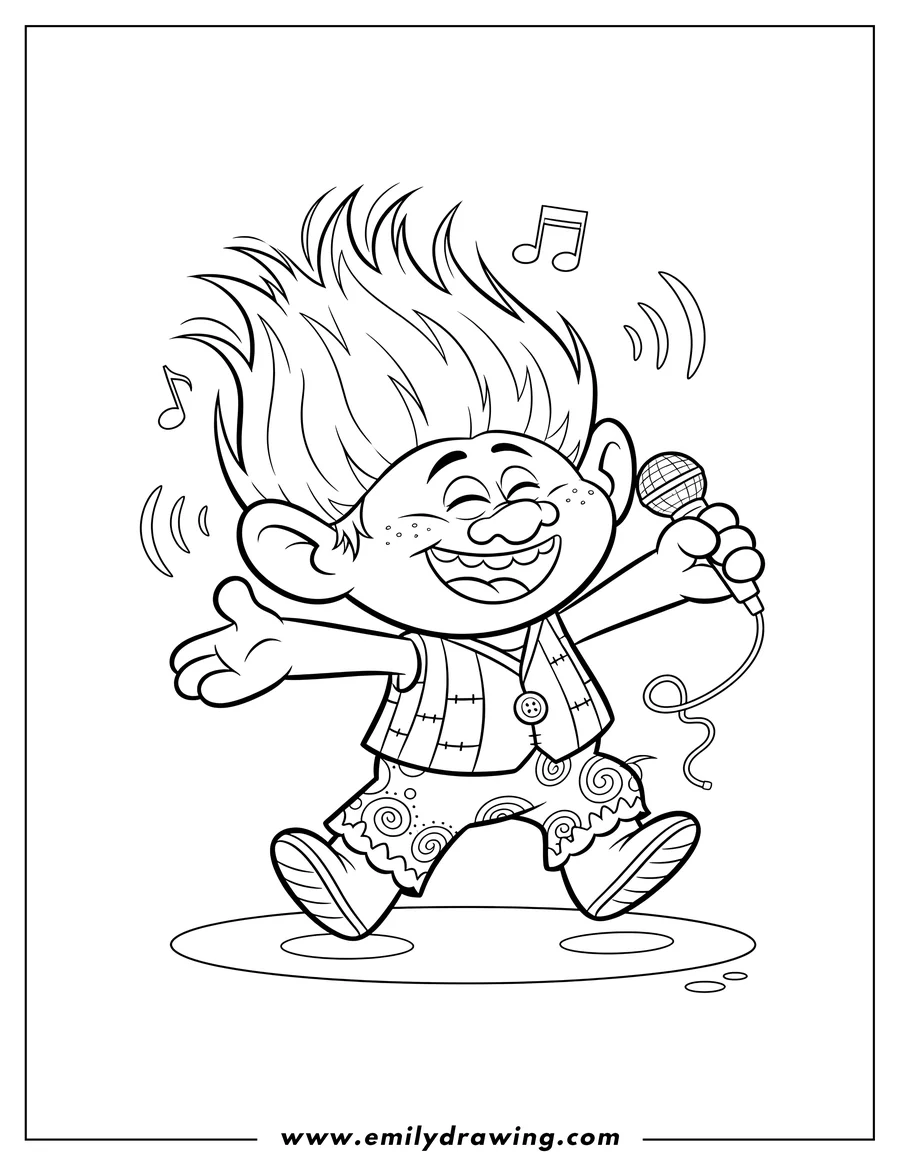 Simple sketch of cooper Troll dancing and singing to color