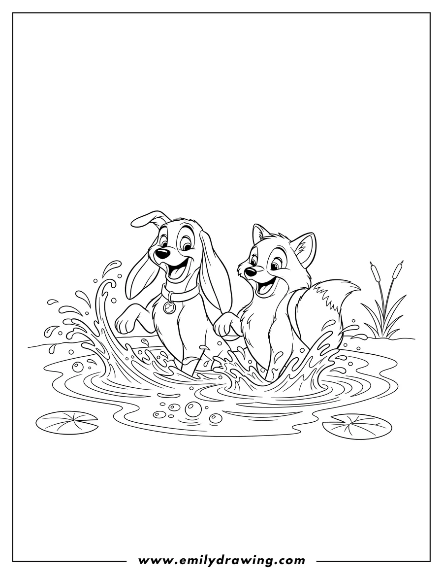 Coloring page for kids: copper And Tod happily splashing water