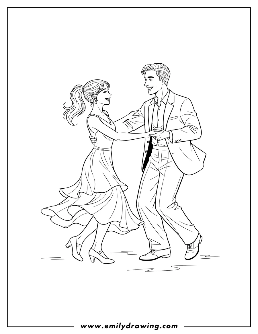 Printable coloring page of couple Dancing Cha Cha, holding hands and smiling