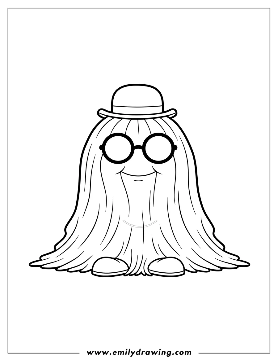 Printable line art of [Scene]: Simple Cousin Itt with a hat and glasses