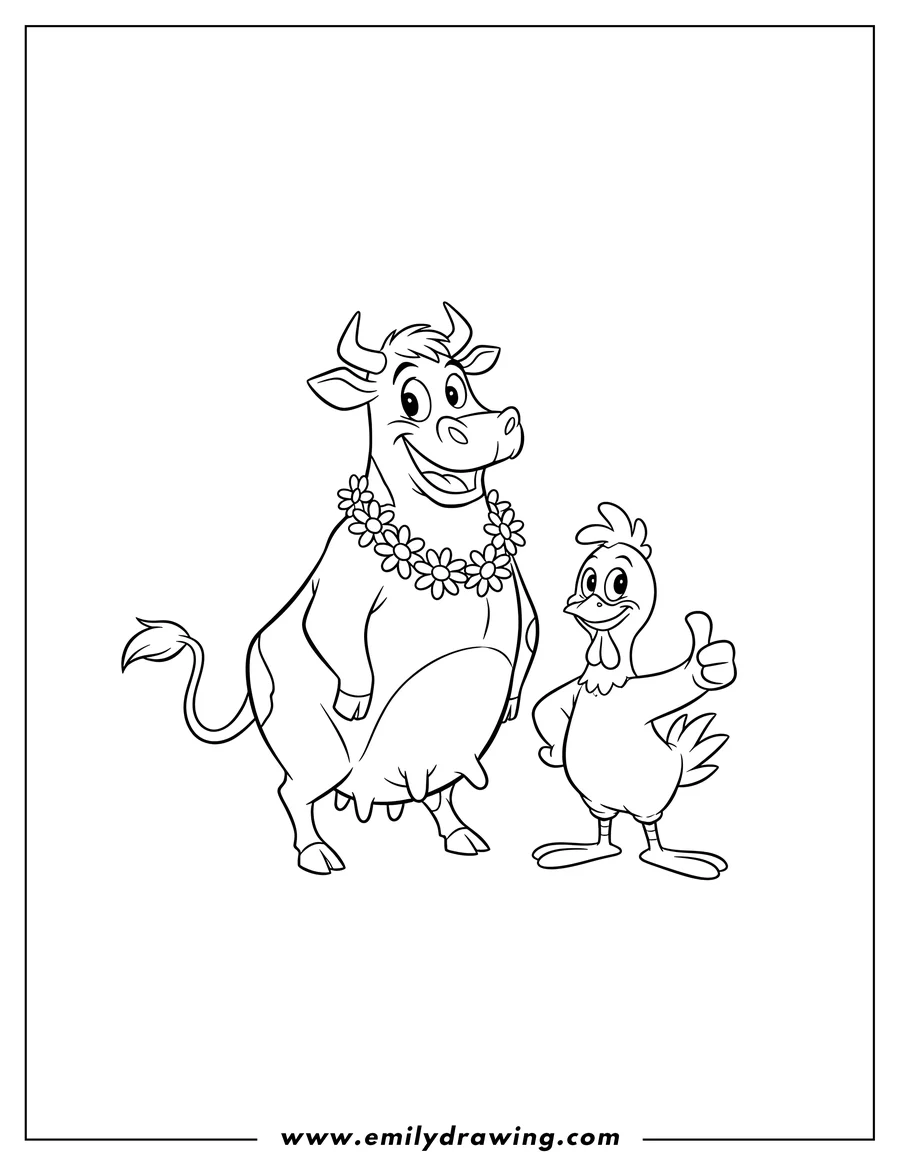 Black and white line art of cartoon Network Cow And Chicken, with Cow smiling and Chicken giving a thumbs up
