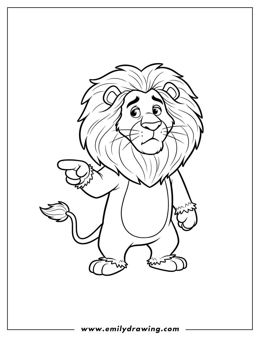PDF style coloring page: cowardly Lion Cartoon, standing and pointing with a curly mane