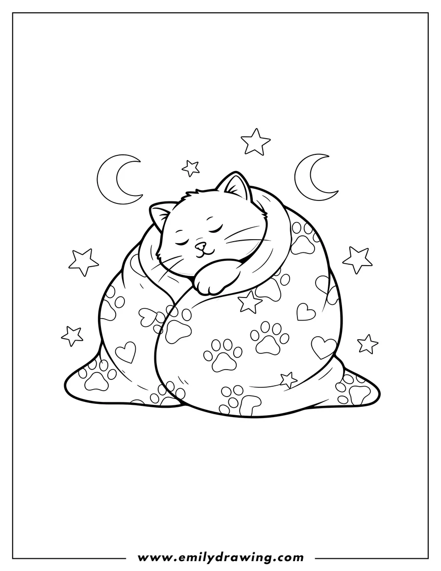 Coloring page for kids: cozy Cat sleeping wrapped in a blanket with paw prints, hearts, and stars