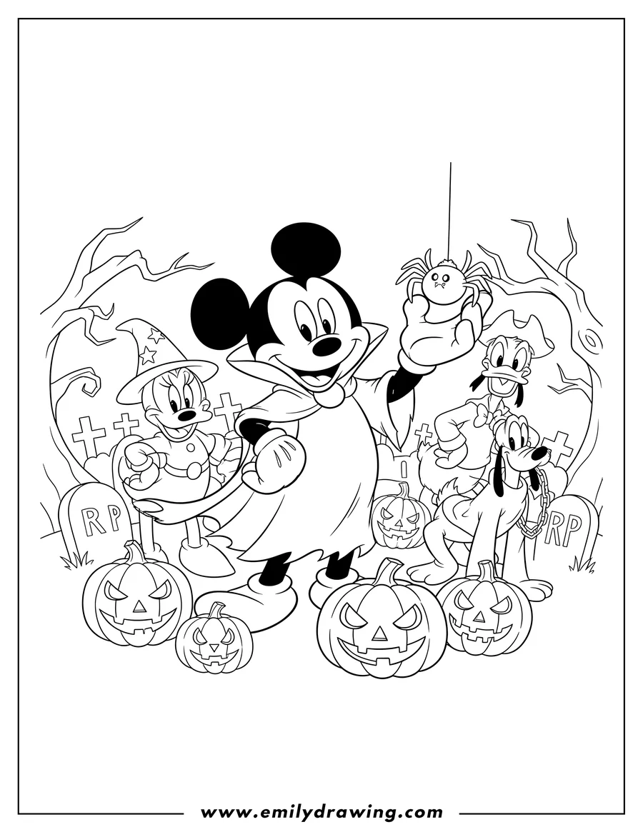 Coloring sheet featuring creepy Mickey Mouse in a cape holding a spider, with his Disney friends in Halloween costumes gathered among jack-o'-lanterns in a graveyard, Disney Halloween