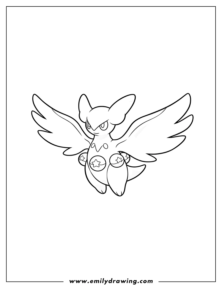 Downloadable coloring page of simple Cresselia Outline for Preschoolers, floating with its crescent wings spread