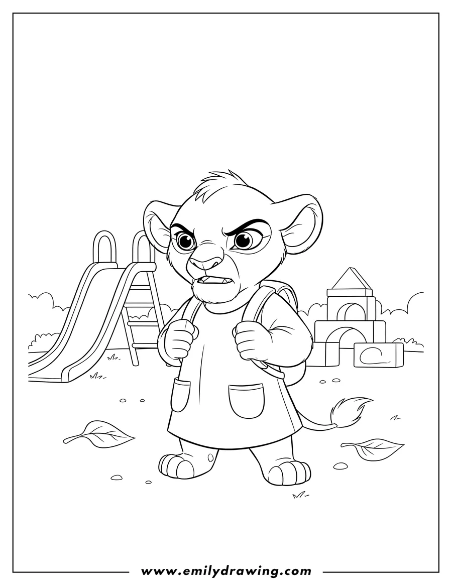 Printable line art of cub Vitani Preschoolers, standing with an angry expression