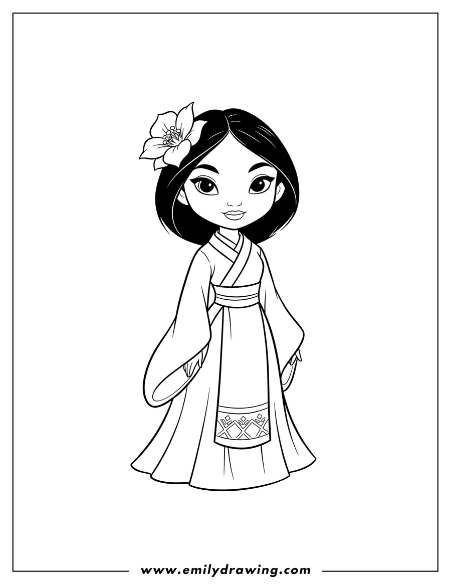 Downloadable coloring page of simple Cute Disney Mulan With Flower Her Hair, wearing a traditional dress, smiling gently
