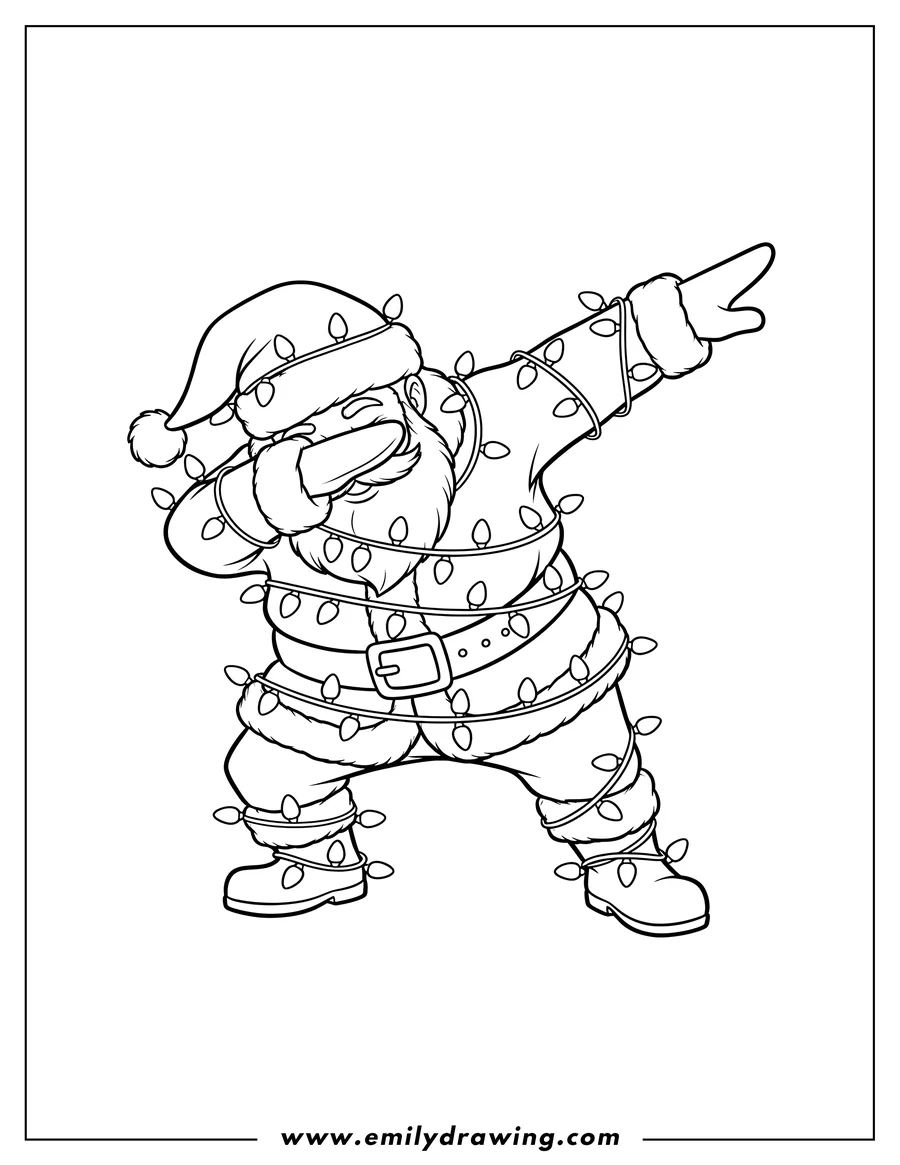 Coloring page of dabbing Santa Claus wrapped in Christmas lights