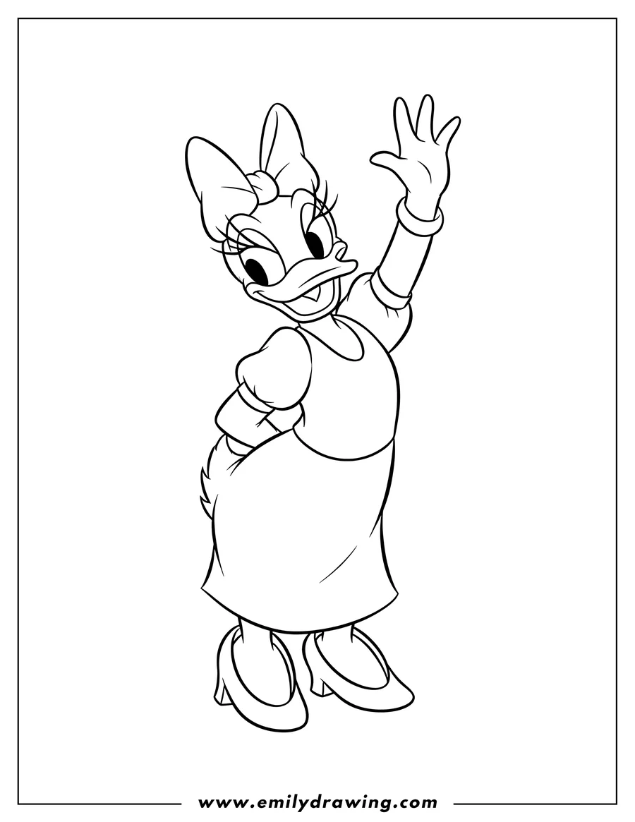 High quality printable daisy Duck Disney, posing with one hand raised for coloring