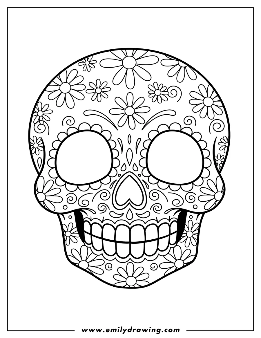 Downloadable coloring page of daisy Patterned Sugar Skull with a smile