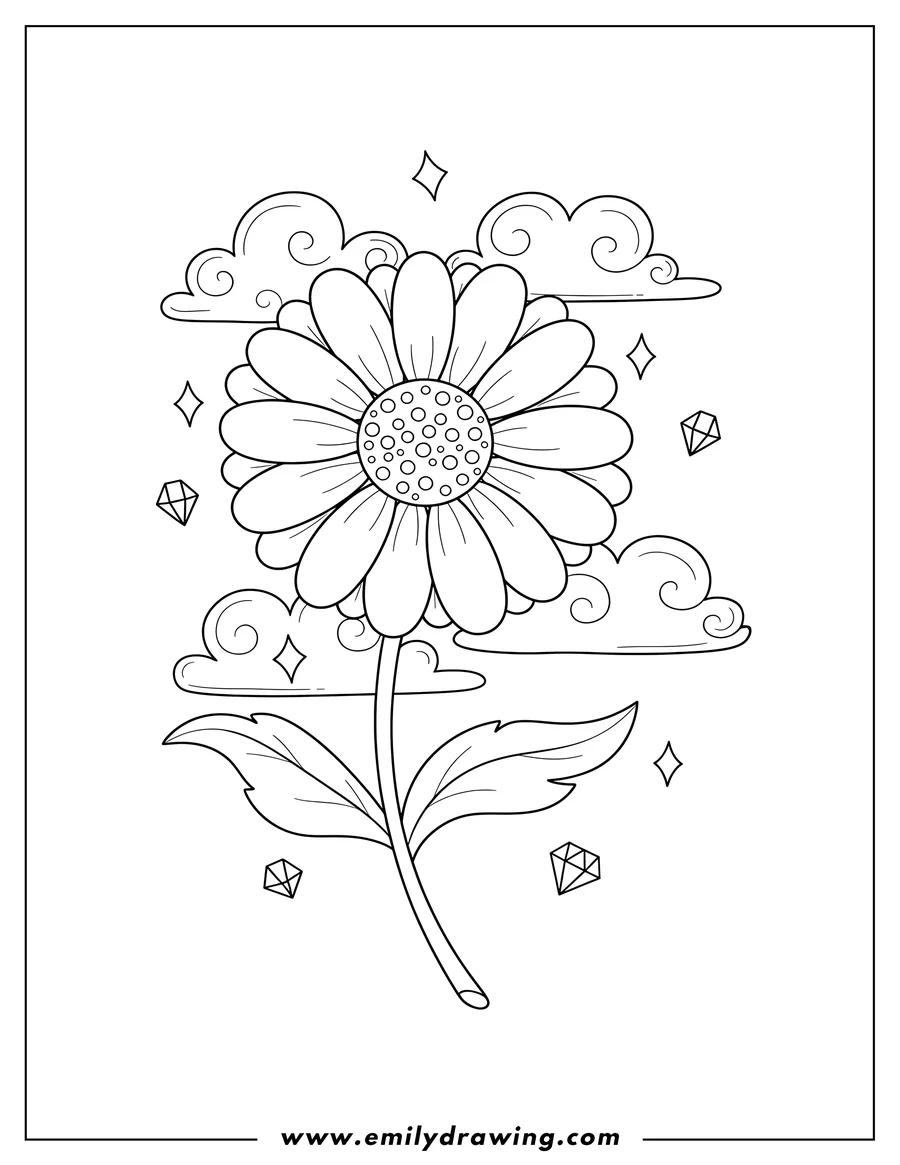 Clean line drawing: daisy Toddlers, a large daisy flower with a long stem and leaves, surrounded by clouds and small floating diamonds