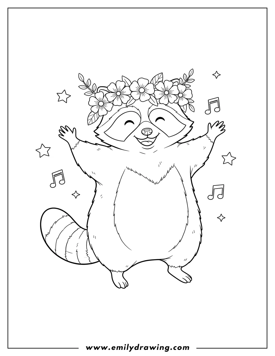 Vector style outline of dancing Raccoon With Flower Crown, smiling and waving