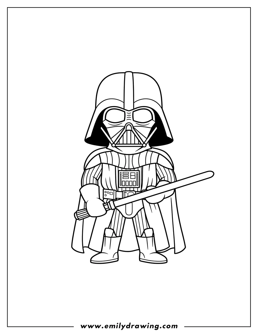 Full page coloring image of simple Darth Vader standing and holding a lightsaber horizontally