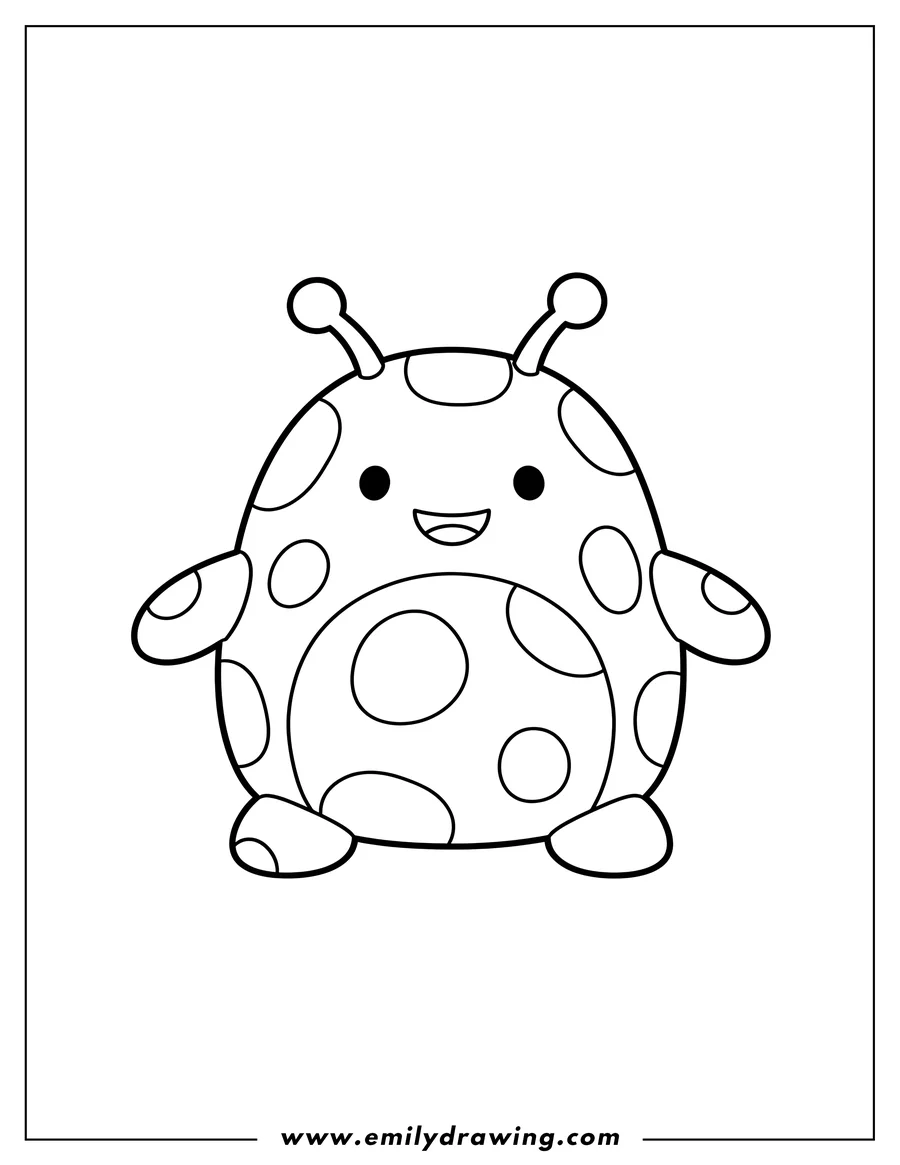Coloring page for kids: daxzon Alien Squishmallow with antennae, oval spots, and a smiling face