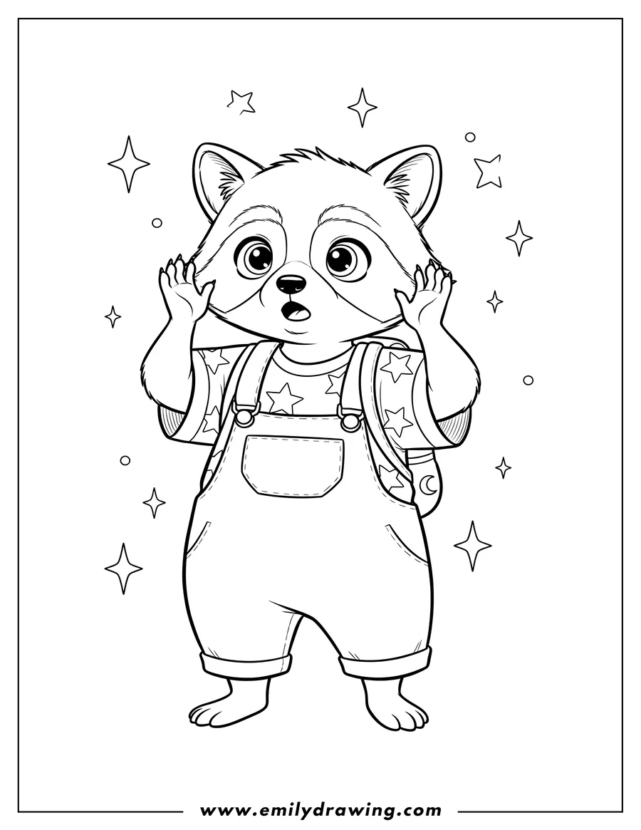 PDF style coloring page: dazzled Raccoon Preschooler, with paws raised to its face