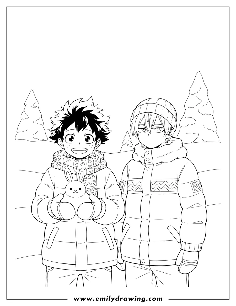 Printable line art of deku Izuku Midoriya and Shoto Todoroki wearing winter coats, with Deku holding a snow bunny